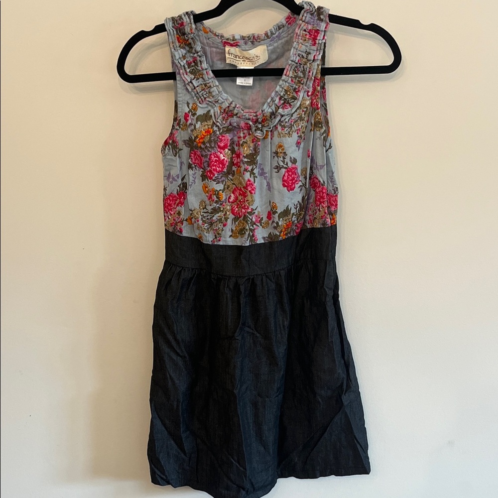 Francesca's Collections Floral Pink and Blue Jean Mini Dress